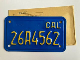 1970s 1980s California Blue Motorcycle License Plate Mint/nos W/ Envelope