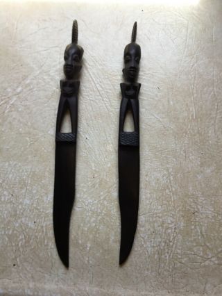 2 Vintage Hand Carved Wood African Tribal Head Letter Opener Knives Set