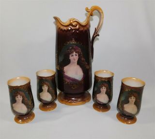 Antique Hand Painted Victorian Portrait Pitcher And 4 Goblets Set Porcelain