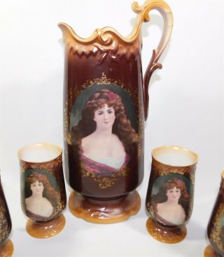Antique Hand Painted Victorian Portrait Pitcher and 4 Goblets Set Porcelain 2