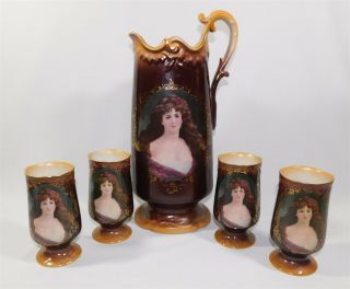 Antique Hand Painted Victorian Portrait Pitcher and 4 Goblets Set Porcelain 3