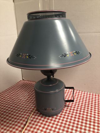 Vtg Mcm Toleware Table Desk Lamp Metal Shade Blue Pink 3 Way Hurricane Shade Guc