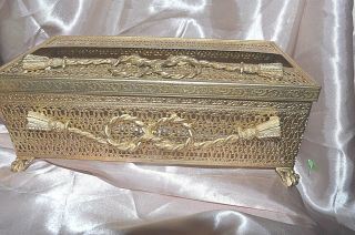 Vintage Tissue Box Holder Gold Metal Filigree Ormolu Style W Rope Design