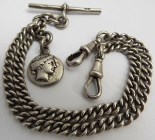 All Orig English Antique 1912 Solid Sterling Silver Double Albert Chain
