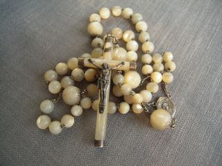 Antique French Catholic Mother Of Pearl Sterling Silver Rosary Bead Necklace