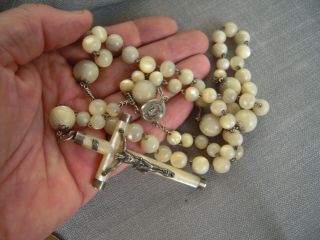 Antique French CATHOLIC MOTHER OF PEARL STERLING SILVER ROSARY BEAD NECKLACE 2