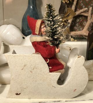 Antique German Clay Face Santa Claus Holding A Feather Tree Riding In Sleigh