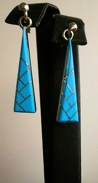 Vtg Zuni Sterling Silver Turquoise Inlay Dangle Post Earrings Signed Bm