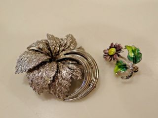 Vintage Estate German Sterling Silver Pin Brooches Flower Daisy Enamel