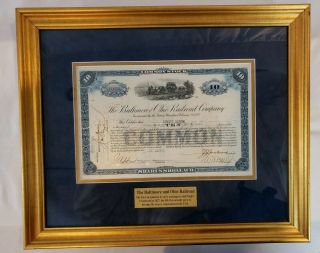 Baltimore & Ohio Railroad Company Stock Certificate (1933) In Wooden Gold Frame