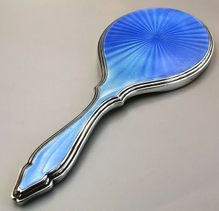 Artdeco 1938 Mappin&webb Sky Blue Guilloche Enamel Silver Hand Mirror