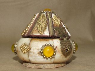 Vintage Ethnic Tribal Hand Carved Bovine Brass Glass Cabochon Trinket Box