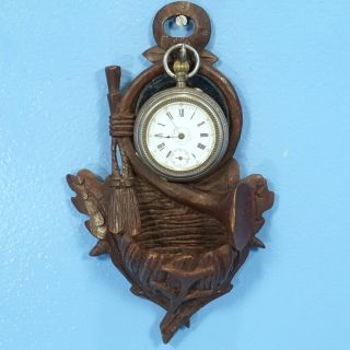 Antique Swiss Black Forest Wood Carved Pocket Watch Holder Hunt Bag Horn Brienz
