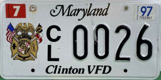 1997 Maryland Volunteer Fire Department Firefighter License Plate