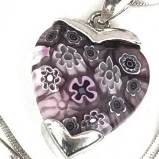 Vintage Millefiori Glass Heart Sterling Silver Necklace 20” Floral Valentine 