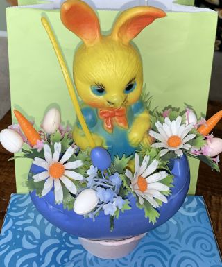 Vintage Easter Spring Bunny Rabbit Holiday Decor Plastic Blow Mold Flower Egg