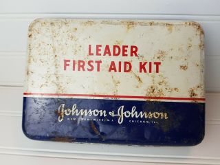 Vintage Leader First Aid Kit - Johnson & Johnson - Metal Tin 1950’s W/ Supplies