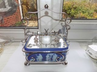 19thc Antique Wedgwood Blue Jasper Ware & Silver Plated Sardine Box & Server