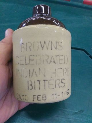 Antique Advertising Stoneware Jug Bottle " Browns Celebrated Indian Herb Bitters "