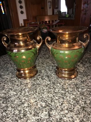 Gorgeous Matching Copper Lustre Urn Style Vases.  Green And Copper