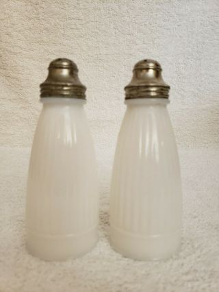 Vintage Ribbed White Milk Glass Salt And Pepper Shakers 5 1/2 " Tall