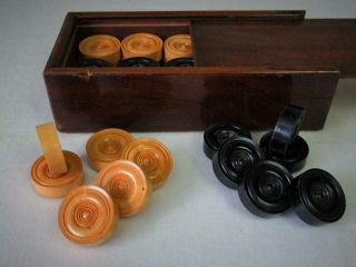 Antique Backgammon Chekers Counters Set Of 30 And Box