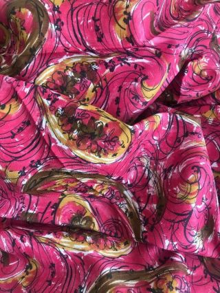 Vintage 50s 60s Mod Rose Pink Gold Abstract Paisley Fabric 2.  5 Yards X 44 " Mcm