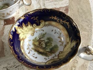 Antique Set Of 8 Cups & Saucers Hand Painted Different Country Scene Cobalt Gilt