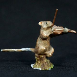 2 " Antique Austrian Bergmann Vienna Bronze Cold Painted Mouse Musician Violin