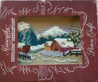 Vtg Hiawatha Heirloom Needlepoint Picture Outfit Farm And Snowy Mts Kit H86/4