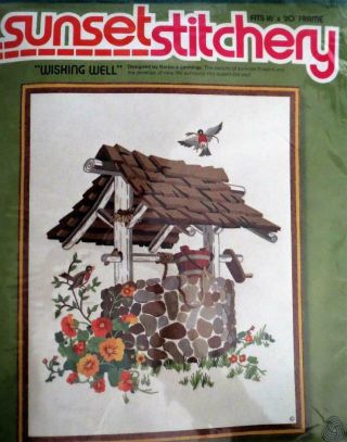 Vintage 1977 Sunset Wishing Well Fowers & Bird Crewel Stitchery Kit 16 " X 20 "
