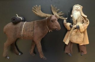 Primitive Folk Art Santa Christmas Doll And Moose