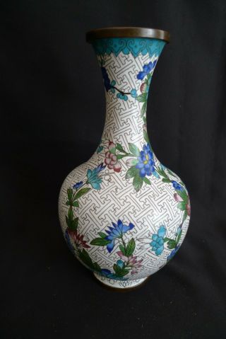 Vintage Chinese Cloisonne Vase Enamel On Brass White Rose And Blue Florals