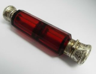 Antique S Mordan C1880 Solid Silver & Cranberry Glass Double Ended Scent Bottle