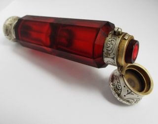 ANTIQUE S MORDAN c1880 SOLID SILVER & CRANBERRY GLASS DOUBLE ENDED SCENT BOTTLE 2