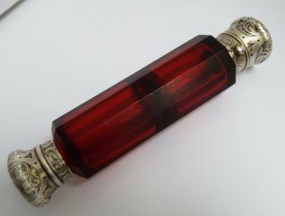 ANTIQUE S MORDAN c1880 SOLID SILVER & CRANBERRY GLASS DOUBLE ENDED SCENT BOTTLE 3