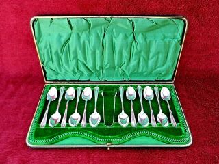 Set Of 12 Antique Hallmarked Silver Tea Spoons & Tongs By J&w Deakin Sheffield
