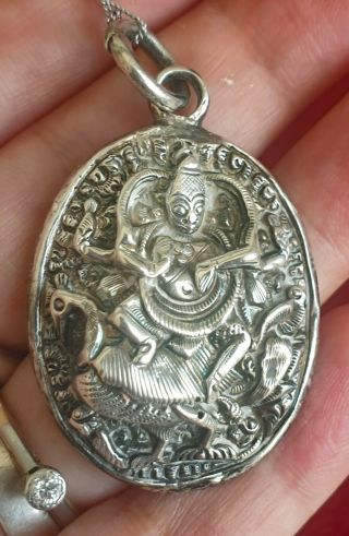 Antique 19th C Large Victorian Indian Silver Hindu Deity Locket Pendant Chain