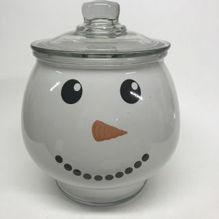 Vintage Anchor Hocking Snowman Candy Cookie Jar Container With Lid