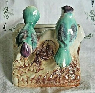 Vintage Ceramic Blue Jay Bird Planter W Two Perching Birds On Tree Trunk