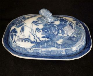 C1810 Antique Blue & White Pearlware Willow Pattern Tureen & Cover