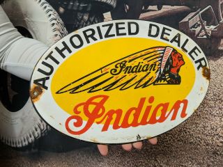 Old Vintage Oval Indian Motorcycle Porcelain Sign " Authorized Dealer " Gas & Oil