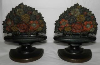 Antique Bradley & Hubbard Pair Cast Iron Polychrome Paint Flower Basket Bookends