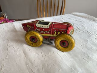 Vintage Tin Litho Marx Wind Up 7 In Red & Yellow Midget Race Car Racer