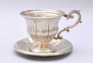 Antique French Solid Silver Cup & Saucer.  Hand Engraved