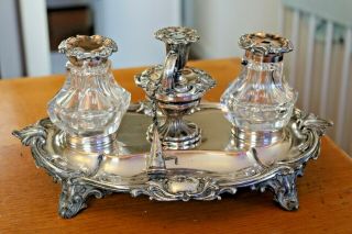 Gorgeous Antique Victorian Rococo Double Inkwell & Candle Set Silver Plate Stand