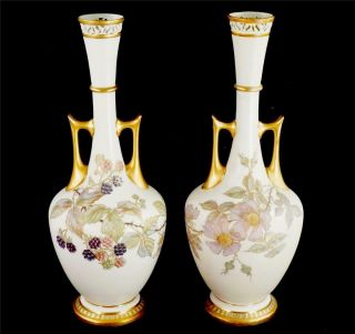 Pair Antique Royal Worcester 19th Century Blush Ivory Vases Painted Flowers