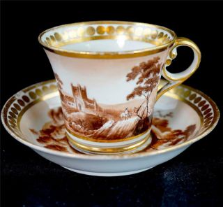 C1815 Antique Chamberlains Worcester Baden Shape Cup & Saucer Sepia Scenes A