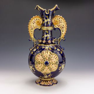 Antique Hungarian Fischer Or Zsolnay Pottery - Pierced & Gilded Cobalt Blue Vase