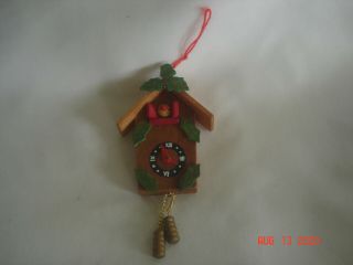 Delightful Vtg.  Wood Mini 3 - D Cuckoo Clock Christmas Ornament W/ Wood " Weights "